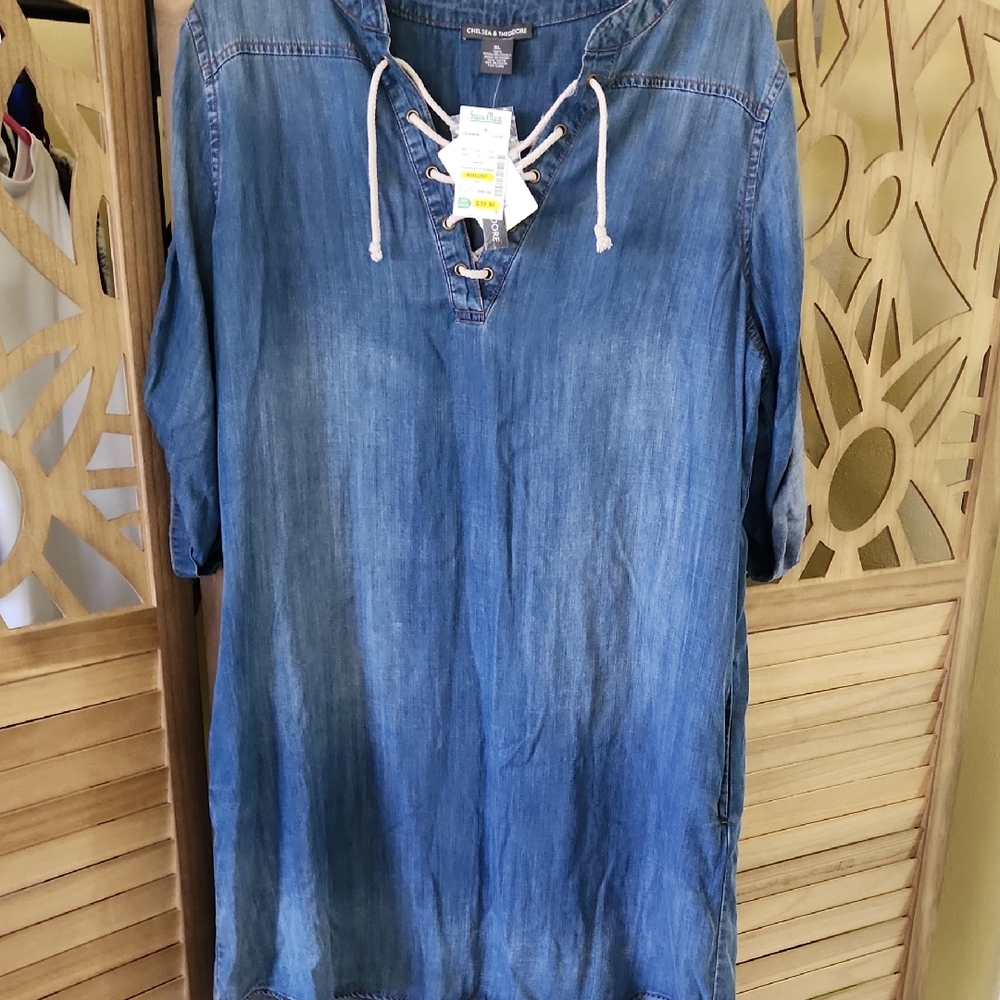 Chelsea & Theodore Blue Denim Lace-Up Dress - Picture 1 of 8
